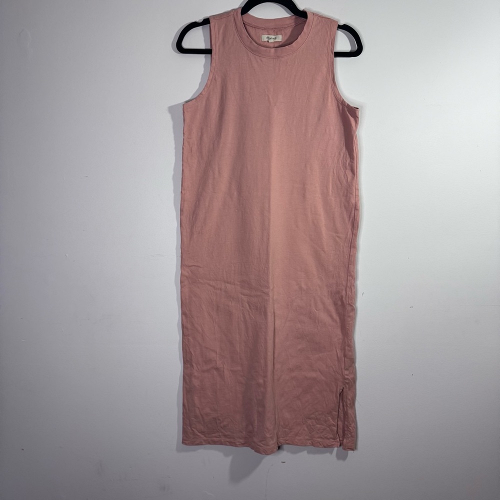 Madewell Sleeveless Midi Dress Pink Crew Neck Side Slit 100% Cotton Size Small